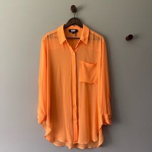 DKNY SHEER BUTTON DOWN BLOUSE ORANGE SIZE LARGE